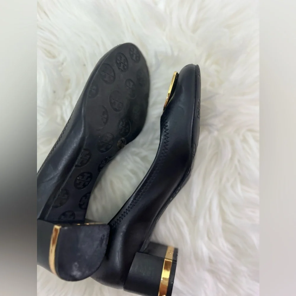 Tory Burch Black Leather Logo Ballet Flats with Gold Emblem
